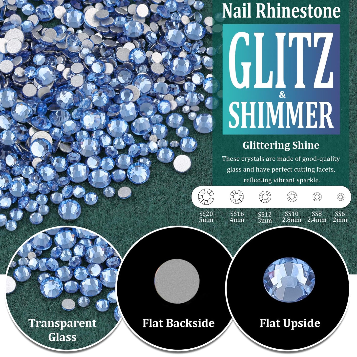 Multi Shapes Light Blue 3D Glass Crystal Nail Art Rhinestones Kit with Flatback Round Bead Charm Gem Stone Jewelry Diamond with Pickup Pen + Tweezer for Manicure Makeup DIY Craft Decoration