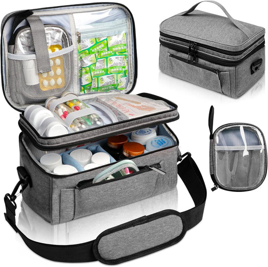 Medicine Bag for Traveling with Portable Small Pouch, Double Layer Pill Bottle Organizer Storage Case with Lockable Zippers, Carrying Medication Travel Case with Shoulder Strap (BAG ONLY), Gray
