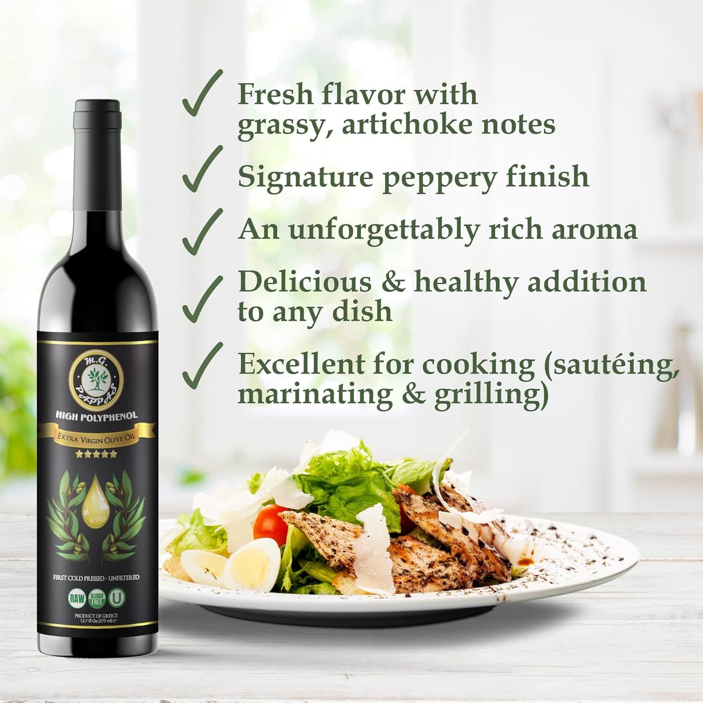 M.G. Pappas Extra Virgin Olive Oil, High Polyphenol EVOO - Cold Pressed & Unfiltered Greek Olive Oil - Over 500mg/kg Polyphenols with High Hydroxytyrosol - Award-Winning Organic Quality - 12.7oz (375ml) Bottle