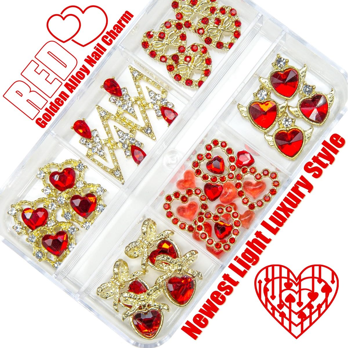 36pcs Red Heart Nail Charms Golden Luxury Alloy Valentine Charms for Nails 3D Red Nail Art Rhinestones Gems Gold Crystal Diamonds Jewelry Stones Studs Charms Supplies for Nails Face Eyes Makeup