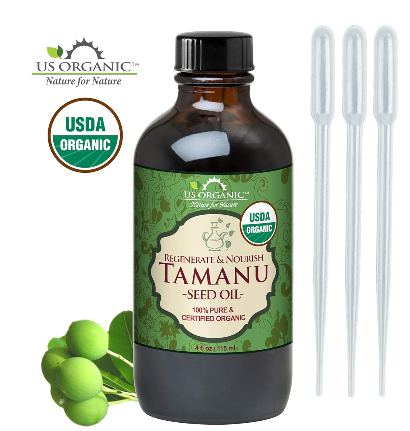 US Organic Tamanu Oil, USDA Certified Organic, 100% Pure Virgin Cold Pressed Unrefined, Dark Green Color, Sourced from Southeast Asia_Improved Cap_4oz (115 ml)