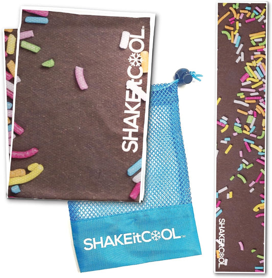 SHAKEitCOOL Original Cooling Towel – Be Cool in Style - Heat Relief, Soft, Lightweight, Sun Protection, Easy Clean - Perfect for Biking, Running, Yoga, Gym, Gardening - Donut Sprinkle
