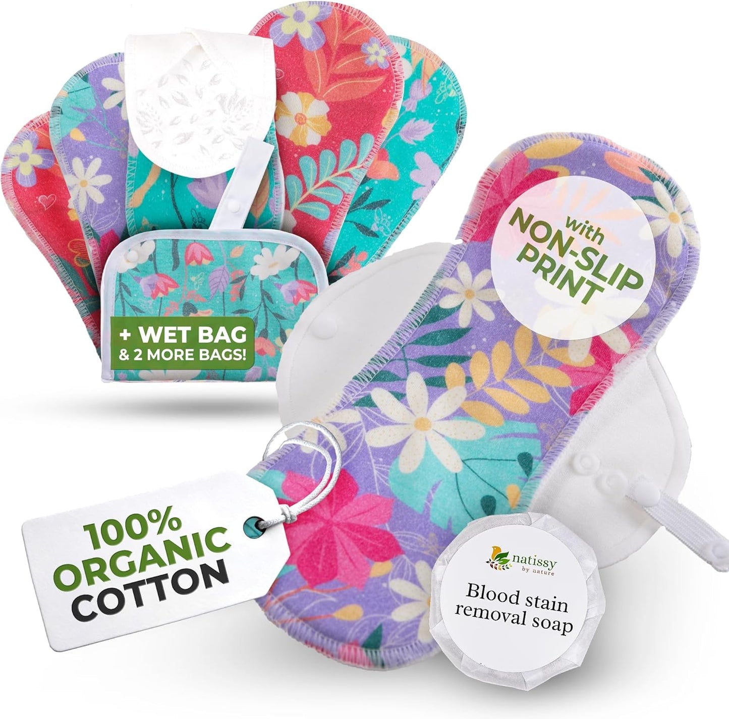 Non-Slip, (Premium) High Absorbency Reusable Period Pads for Heavy Flow (6 Pack L+XL) - Leak Proof & Odor Free Cotton Cloth Pads for Women - High-Temp Washable, Soft & Skin-Safe for Menstrual Comfort