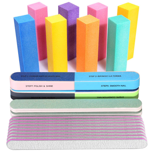 FANDAMEI Nail File and Buffer, Professional Manicure Tools Kit. 8PCS Rectangular Nail Buffer Block, 8PCS Nail File, 2PCS 7 Way Nail File & 2PCS Nail Polishing Buffer. Nail Care File Buffer Tool