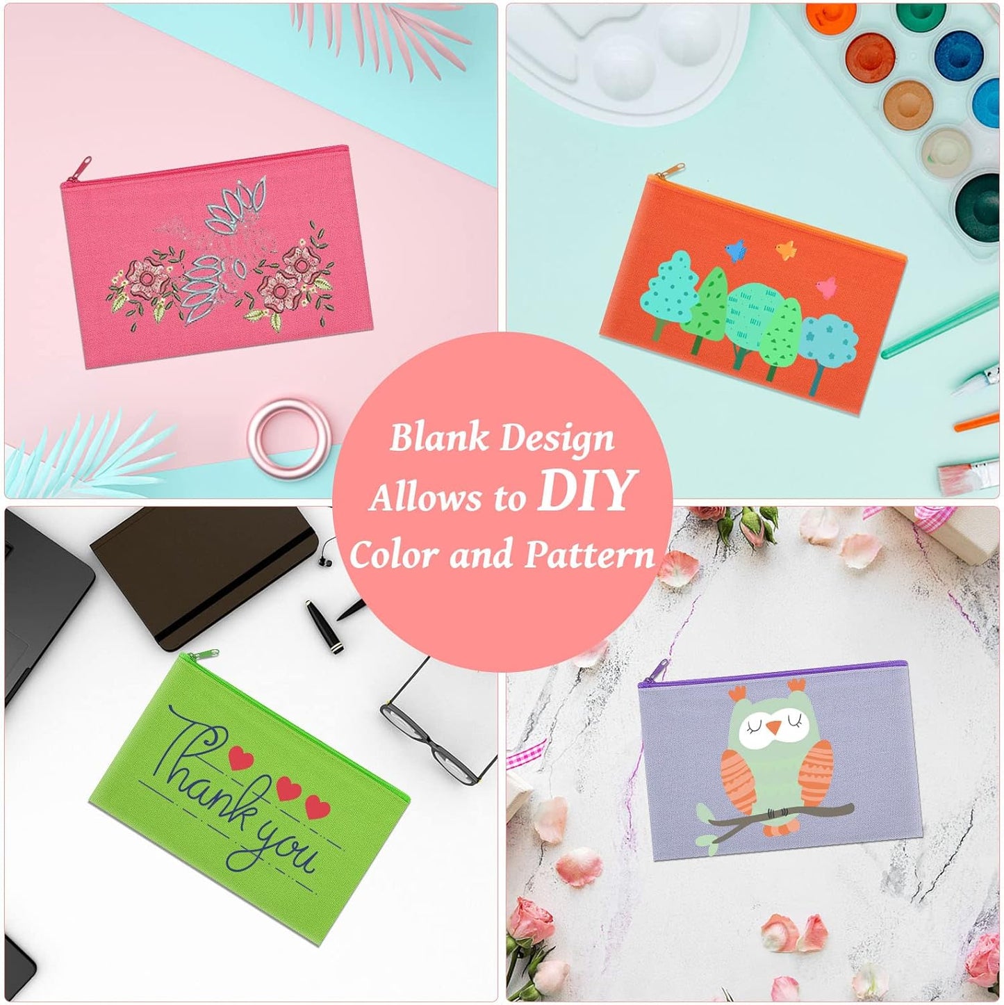 12 Pieces Cotton Canvas Makeup Bag, Multipurpose Cosmetic Bag with Zipper Travel Toiletry Pouch, Blank DIY Craft Bag (Multicolored B, L)