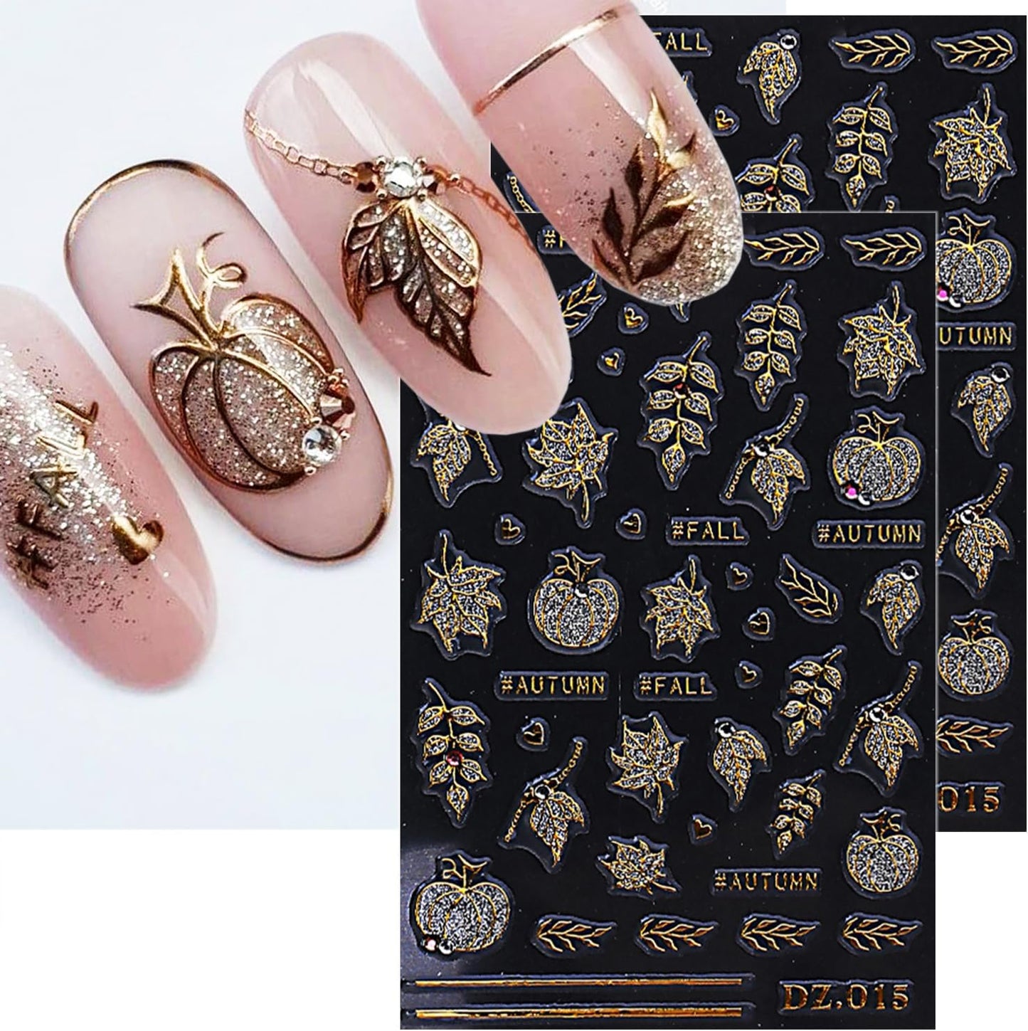 2 Sheets Fall Nail Stickers for Nail Art Glitter Gold Leaf Nail Art Stickers Embossed Autumn Pumpkin Nail Decals 5D Self-Adhesive Diamond Nail Design Sticker for Women Thanksgiving Nails Decoration