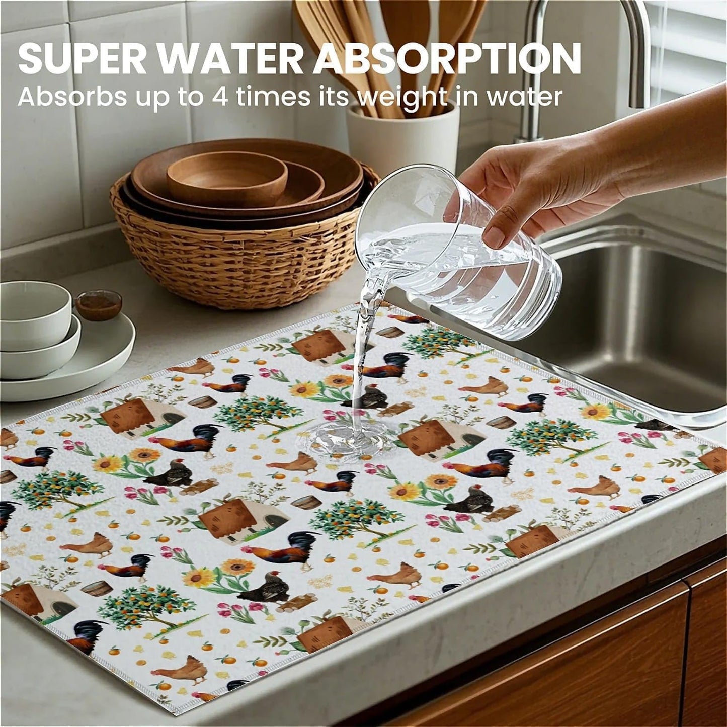 Dish Drying Mat For Kitchen Counter, Farmhouse Rooster Microfiber Absorbent Dish Drainer Rack Pad Reusable Large 18x24in Drying Mat