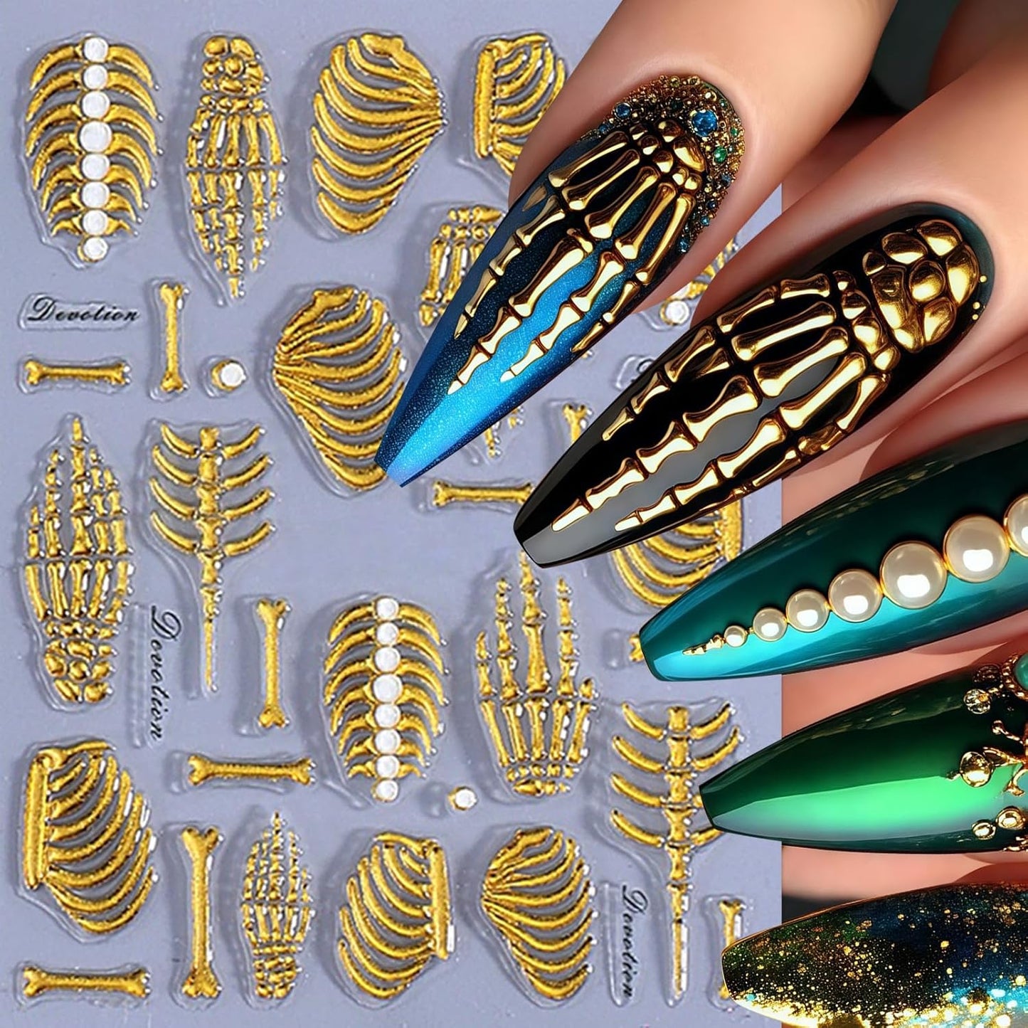 3 Sheets 5D Embossed Skull Nail Stickers for Nail Art Skeleton Nail Decals White Hand Bones Finger Skeleton Halloween Nail Art Supplies Gothic Nail Sticker for Women Halloween Nails Tips Decoration