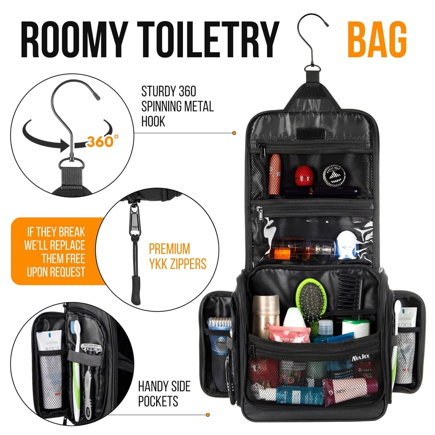 Travel Toiletry Bag for Men and Women - (10.6”x10.6”x3.2”) Large Hanging Toiletry Organizer - Waterproof Hygiene Bag with Metal XXL Swivel Hook, with Sturdy Zippers and 19 Compartments for Toiletries