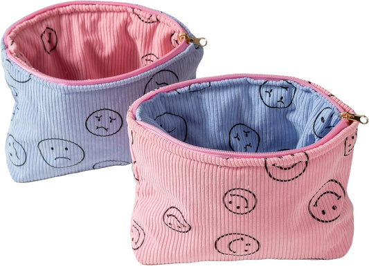 Cosmetic Bags for Women - Corduroy Cosmetic Bag Aesthetic Women Handbags Purses Smile Dots Makeup Organizer Storage Makeup Bag Girls Case Bags (Double Pink Blue)