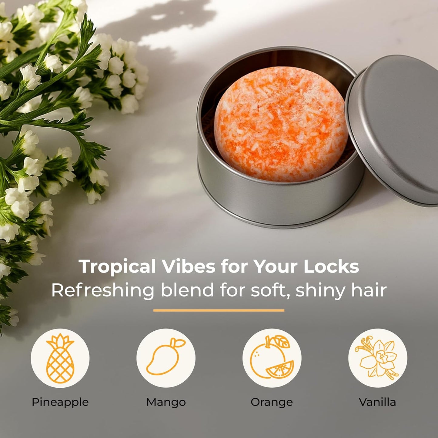 Sunshine Shampoo Bar, Vegan Solid Hair Cleanser with Mango, Orange, Pineapple, and Vanilla, for All Hair Types, Zero Waste, Travel-Friendly, Clean Beauty