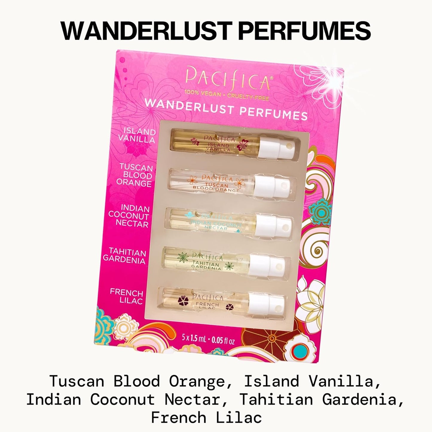 Pacifica Beauty, Wanderlust Spray Perfume Trial Set, Island Vanilla, 5 Scents, Fragrance Sampler Gift Set, Natural & Essential Oils, Clean, Vegan & Cruelty Free