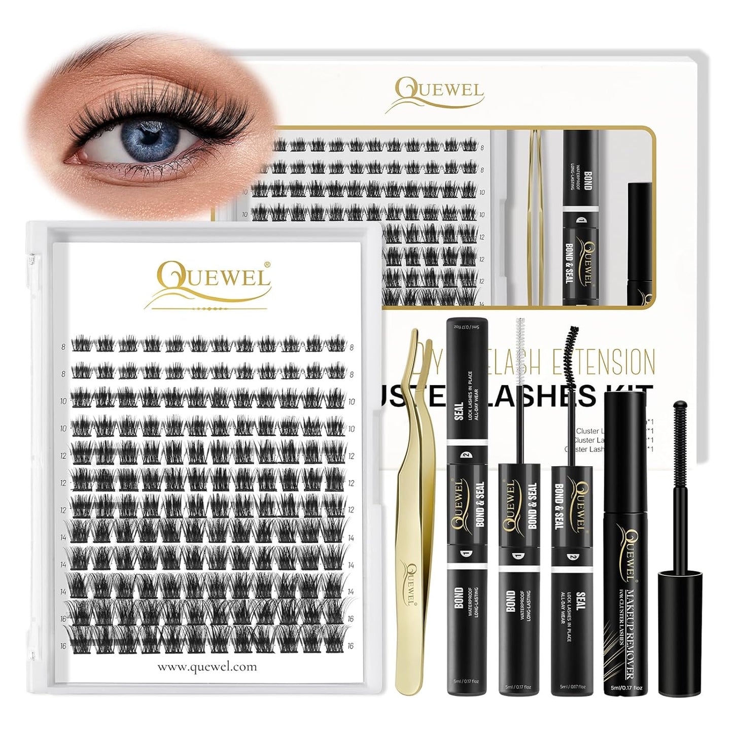 QUEWEL DIY Eyelash Extensions Kit, 144 Pcs Lash Clusters Eyelash Applicator Tool, Super Hold Bond and Seal, Clusters Lash Glue Remover Easy to Apply at Home(FD-QU-H-3D-02)