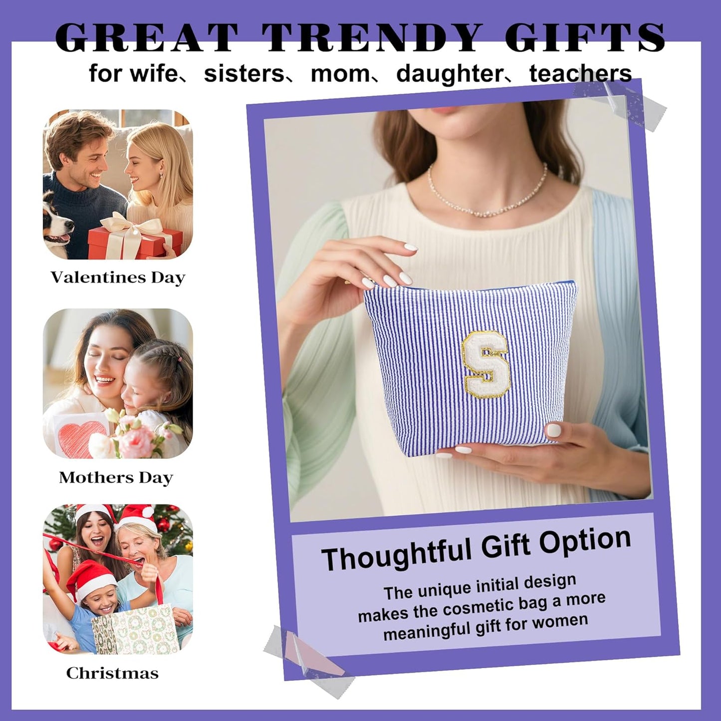 Initial Makeup Kit - Cosmetic Bags for Women, Make up Bag Set Portable Travel Toiletry Bag with Zipper, Cute Blue Stuff Birthday Gifts for Women Mom Girlfriend, Blue Letter C