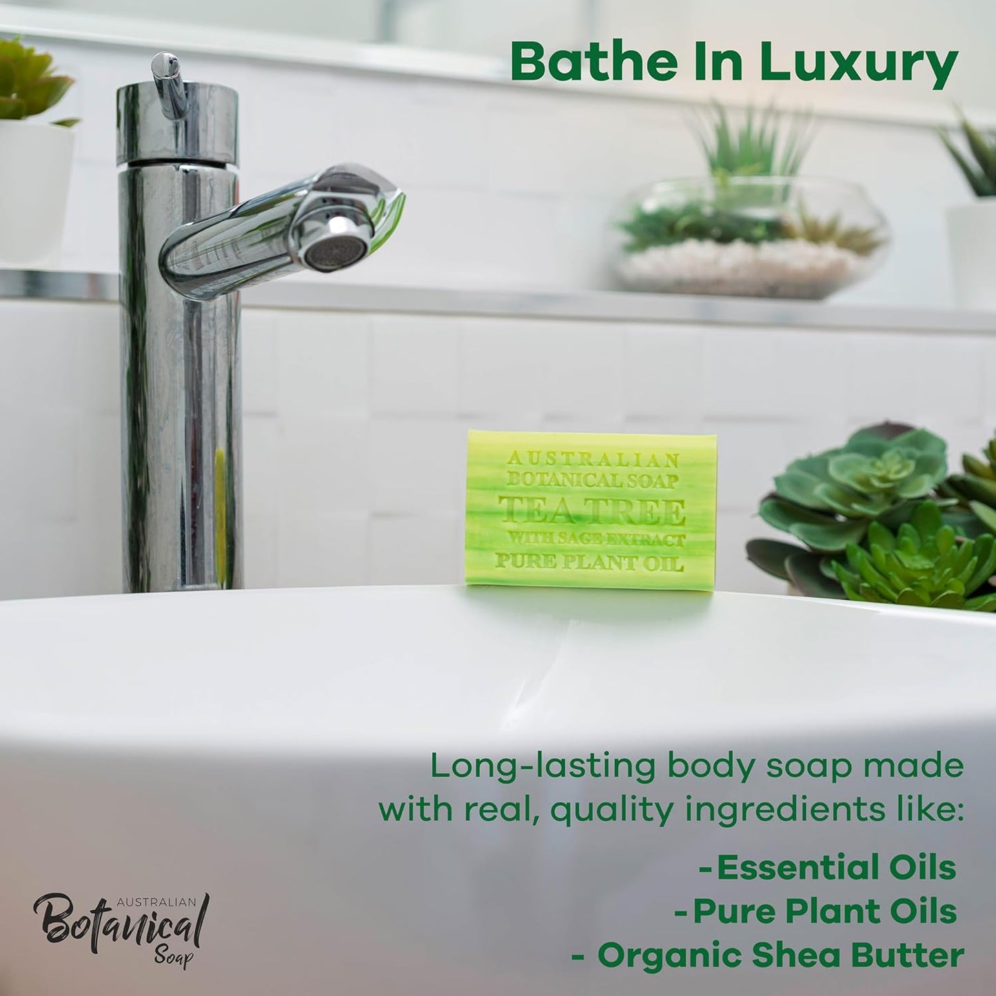 Australian Botanical Soap Tea Tree with Sage Extract 6.6 oz Luxury Soap Bars Enriched with Shea Butter, Suitable for Men, Women and All Skin Types, Pack of 4