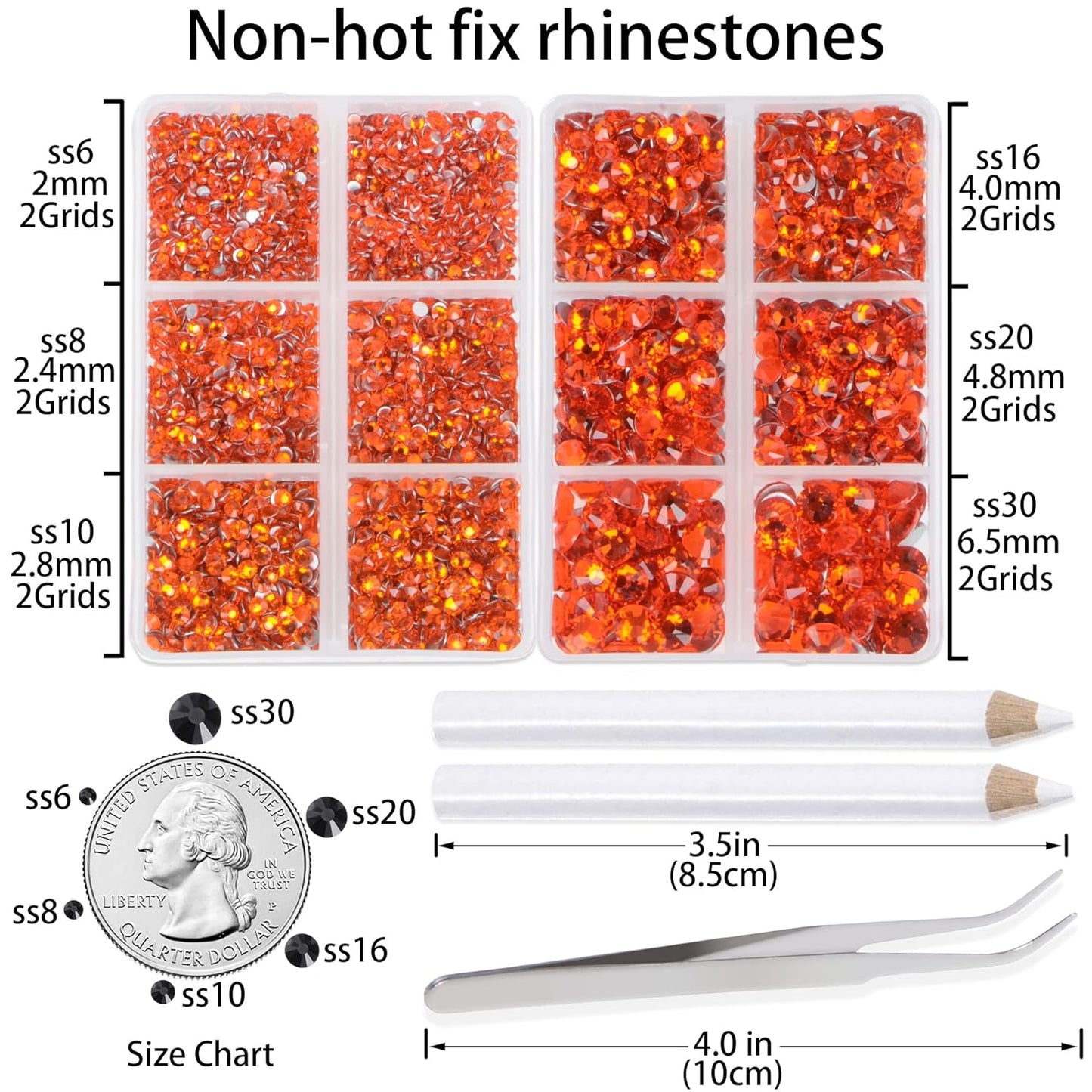 LPBeads 6000 Pieces Orange Non Hotfix Rhinestones 6 Sizes Round Crystal Glass Flat Back Rhinestones with Tweezers and Picking Pen for Nail Art Crafts Clothes Bags DIY