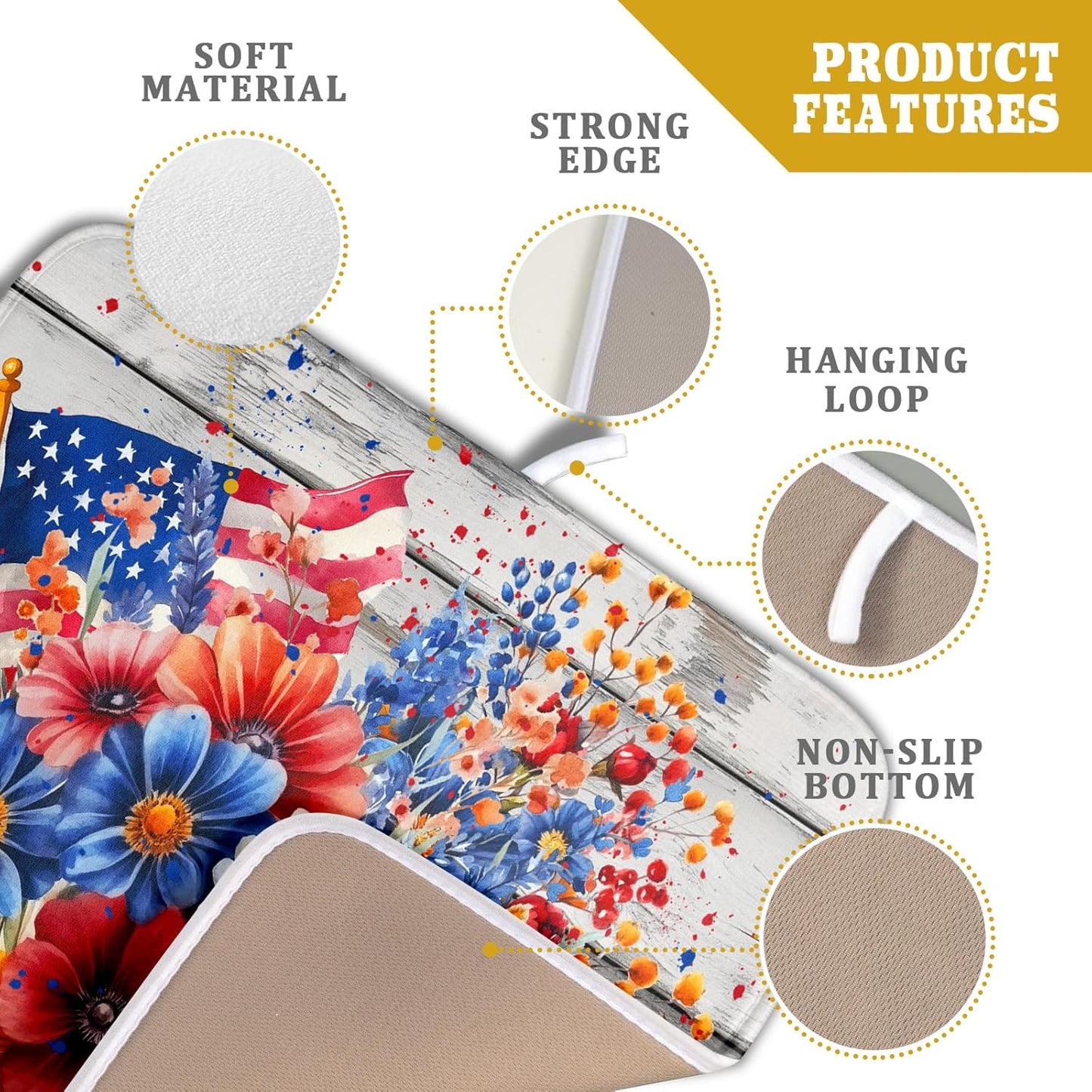 4th of July Dish Drying Mat 16x18 inch Patriotic Floral Fast Dry Microfiber Reversible Dish Drainer Rack Pad Kitchen Counter Accessories