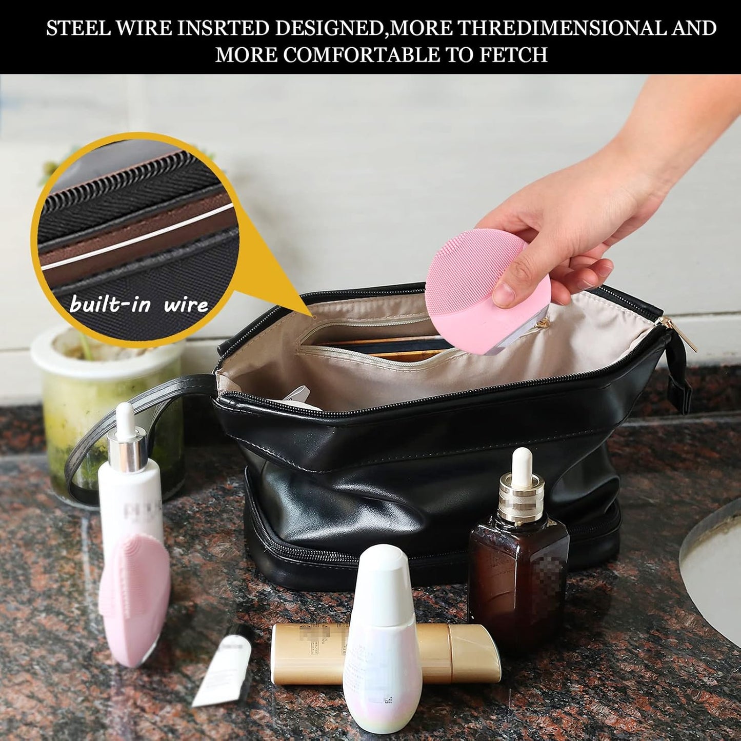 Abiudeng Large Capacity Makeup Bag Ladies Cosmetic Bag Travel Bag with Compartments Portable PU Leather Travel Makeup Bag with Handle