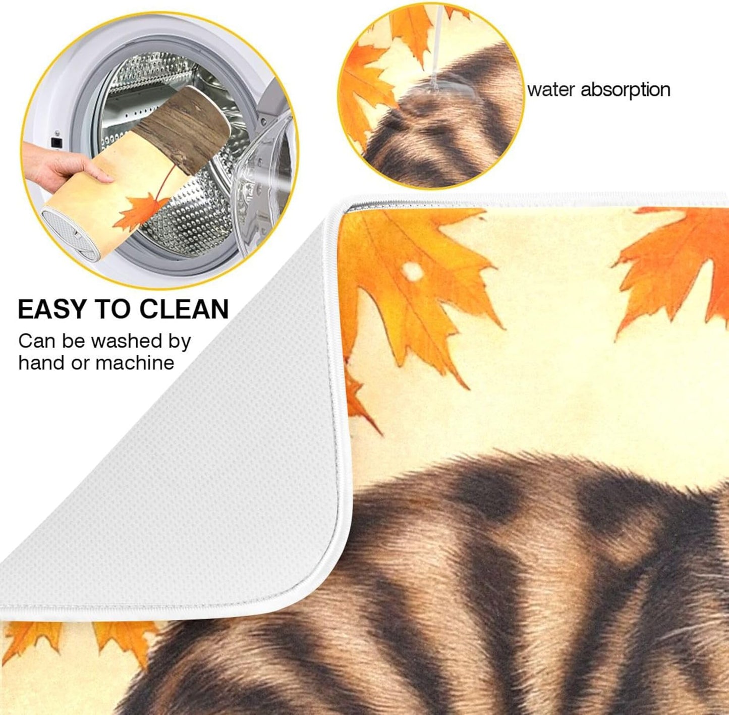 Fall Cats Dish Drying Mat for Kitchen Countertop 16x18 Autumn Maple Leaves Kitty Thanksgiving Day Small Drying Mat Reusable Quick Dry Dish Sink Mats Easy Clean Decorative Essentials