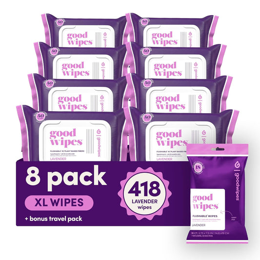 goodwipes Flushable Butt Wipes - Vitamin E & Aloe - Sewer & Septic Safe - Extra Large Adult Wet Wipes For Women & Men - Bathroom Essentials - Lavender, 418 Count (8 Packs + 1 Travel)