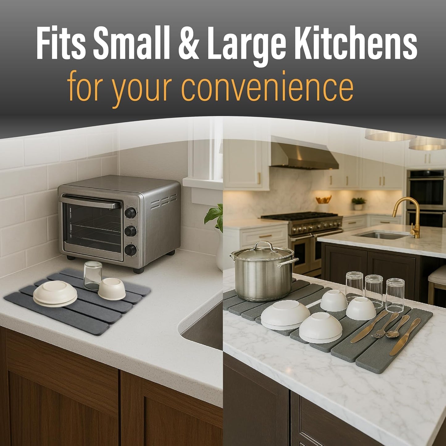 Large Foldable Stone Dish Drying Mat – Diatomaceous Earth, 12"x16" Each or 24"x16" Combined – Fast Dry, Anti-Slip Pad, Sanding Tool & Instruction Manual for Kitchen, Bathroom or RV (2-Pack)