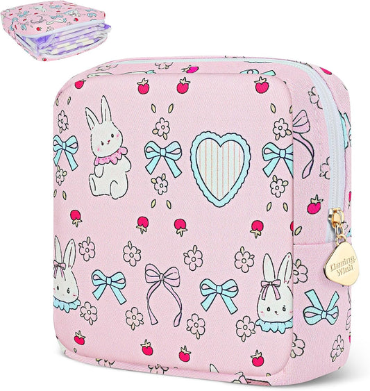 Desing Wish Sanitary Pad Storage Bag Portable Period Bag for Teen Pads/Sanitary Napkins/Small Tampons, Sanitary Napkin Storage Bag First Period Gifts for Teen Girls (Bowknot Rabbit)