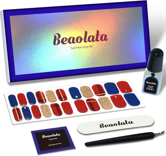 Nail Polish Strips, 44PCS Salon Quality Wraps with Top Coat, Long Lasting Gel Nail Stickers for Women Easy Apply& Remove (Time in London Red&Blue&Gold)