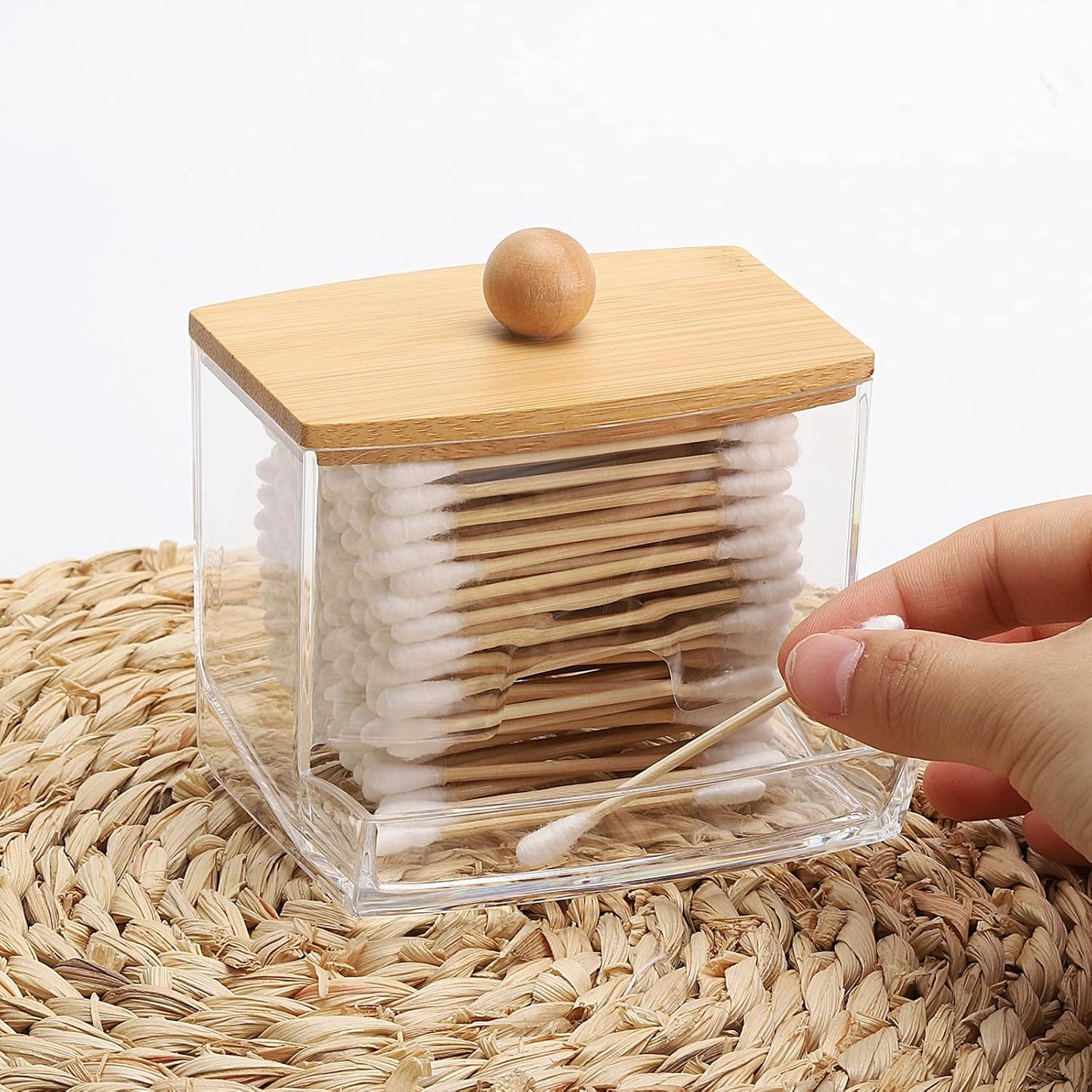 Tbestmax 10oz Qtip Holder Dispenser with Bamboo Lids, Big Clear Bathroom Organizer Accessories Decor for Storage-Qtips Cotton Ball Holder Apothecary Jars, Cotton Swabs, Floss Container