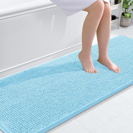 OLANLY Bathroom Rugs 70x24, Extra Soft Absorbent Chenille Bath Rugs, Rubber Backing Quick Dry, Machine Washable Bath Mats for Bathroom Floor, Tub and Shower, Home Decor Accessories, Sky Blue