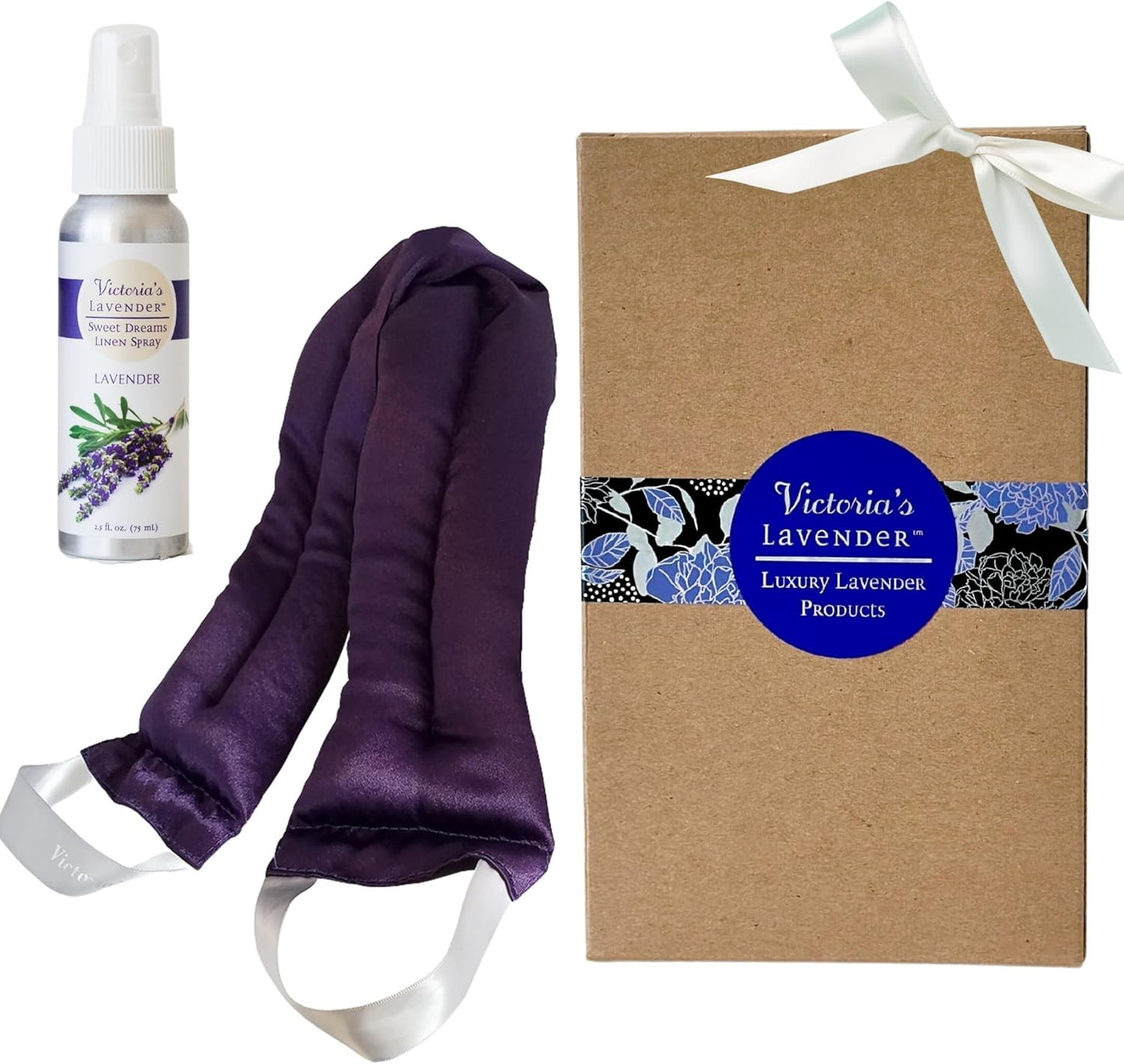 Victoria's Lavender Luxury Microwavable Aromatherapy Neck Wrap Neck Pain Comfort with Genuine Lavender & Flax Seed, Made in USA Linen Spray (2.5 oz) & Lavender Essential Oil - Gift Box Set (Set of 2)