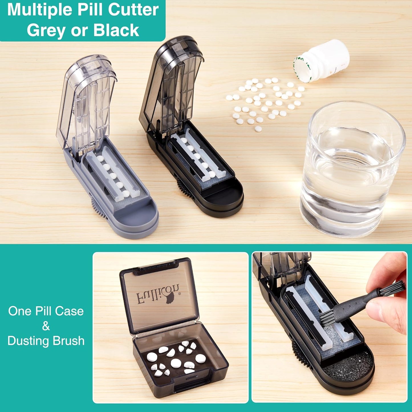 Fullicon Multiple Pill Cutter - Adjustable for Small Pills With Accurate Alignment, Stainless Steel Cutting Blade & Guard, Splitter With Free Brush & Box (Grey)