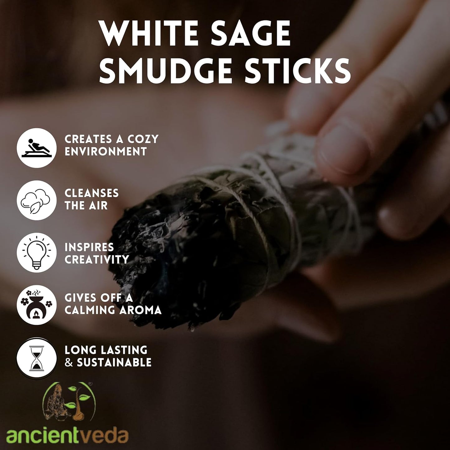 Ancient Veda Joy Organic White Sage Smudge Sticks with Flowers for Cleansing Home, Meditation, Yoga, Healing and Smudging | Sustainably Sourced California White Sage Bundles (3 Pack - 4 Inch)