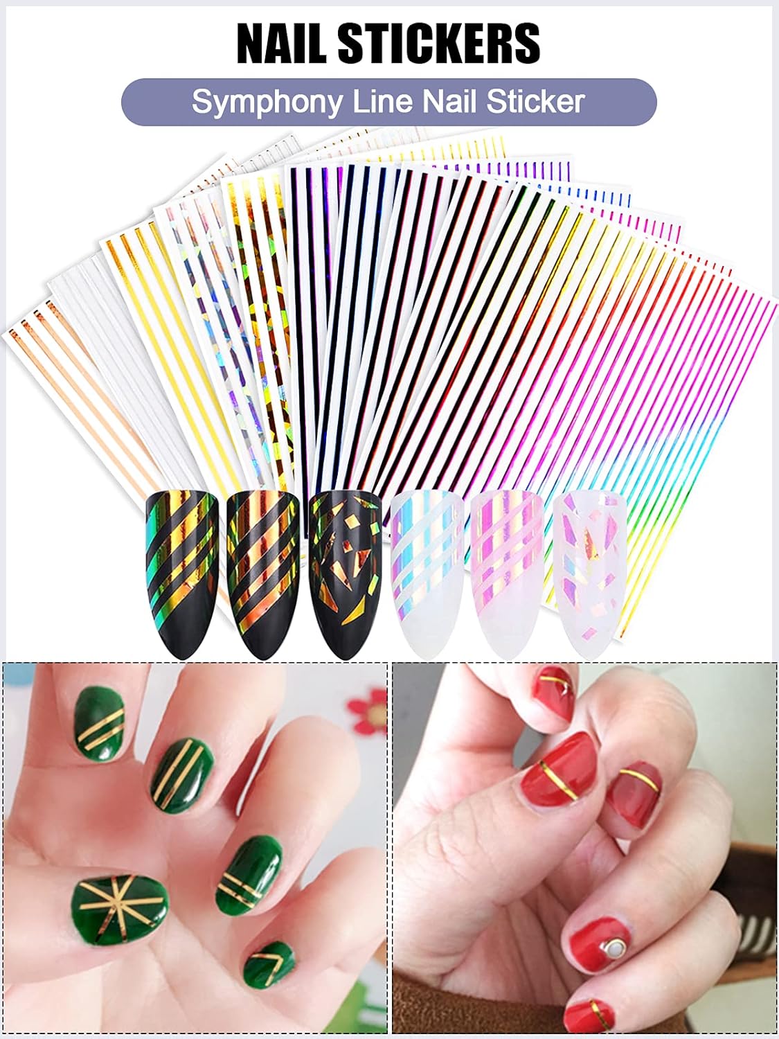 EBANKU 17 Sheets Strip Line Nails Stickers, 3D Fluorescent Laser Gold Adhesive Striping Tape Nail Decals for Women Girls Nail Art Design Deacoration