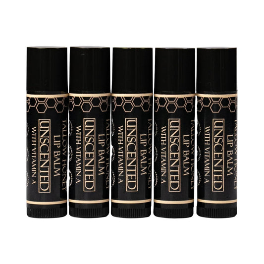 Tallow Lip Balm (5 Pack) - Hydrating With Organic Italian Olive Oil, Pure Grass Fed Tallow, and Beeswax - Long Lasting Lip Therapy (Unscented)