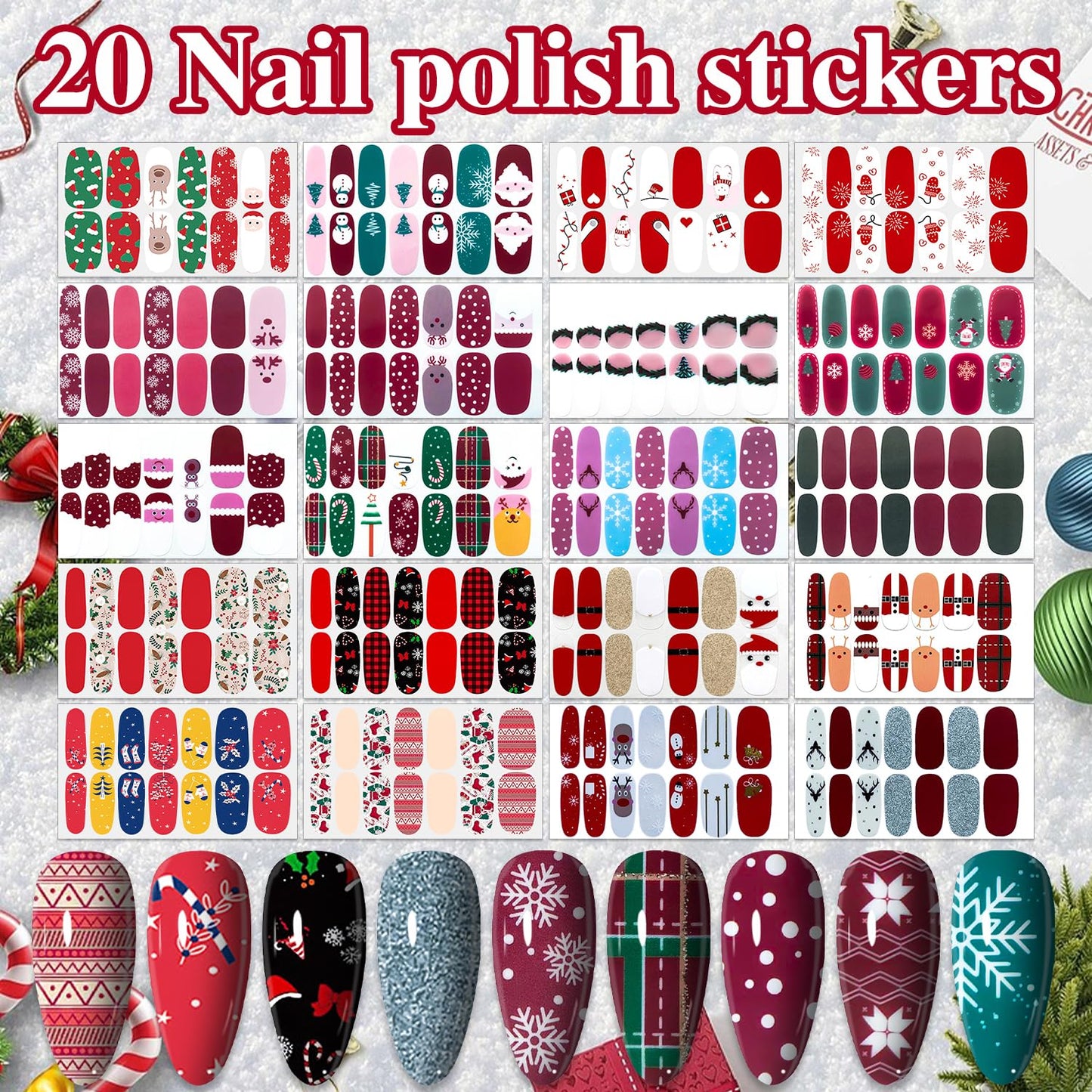 WOKOTO 20pcs Christmas Nail Polish Stickers - Full Nail Wraps, Holiday Nail Art Strips with 280 Tips - Christmas Tree, Socks, Elk, Snow Designs Stickers for Women Girls Nails Gel Strips Wraps