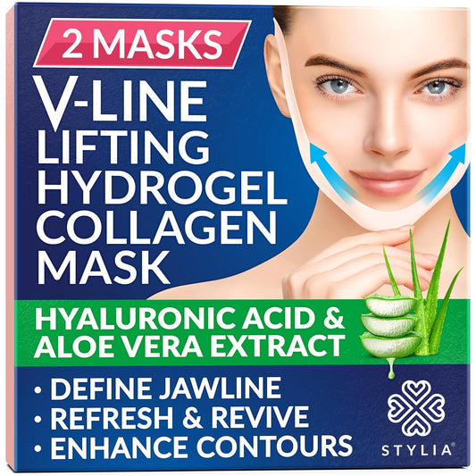 Stylia V Line Lifting Collagen Face Mask - Double Chin Strap for Women - Jawline Shaper Face Lift Tape - Neck Lift Collagen Mask - Chin Strap for Sleeping - Hyaluronic Acid, Aloe Vera, Cica 2PC