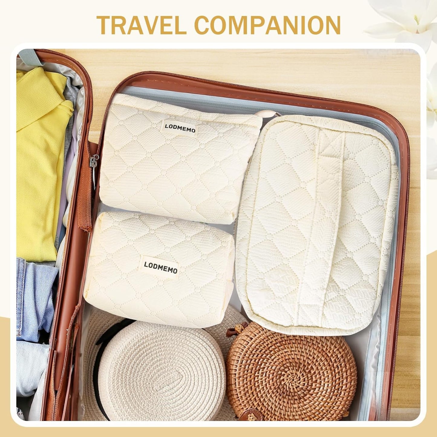 Makeup Bag 3 PCS Cosmetic Bags for Women, Large Travel Make up Bag Set Cute Cotton Toiletry Bag Organizer Pouch for Purse, Beige