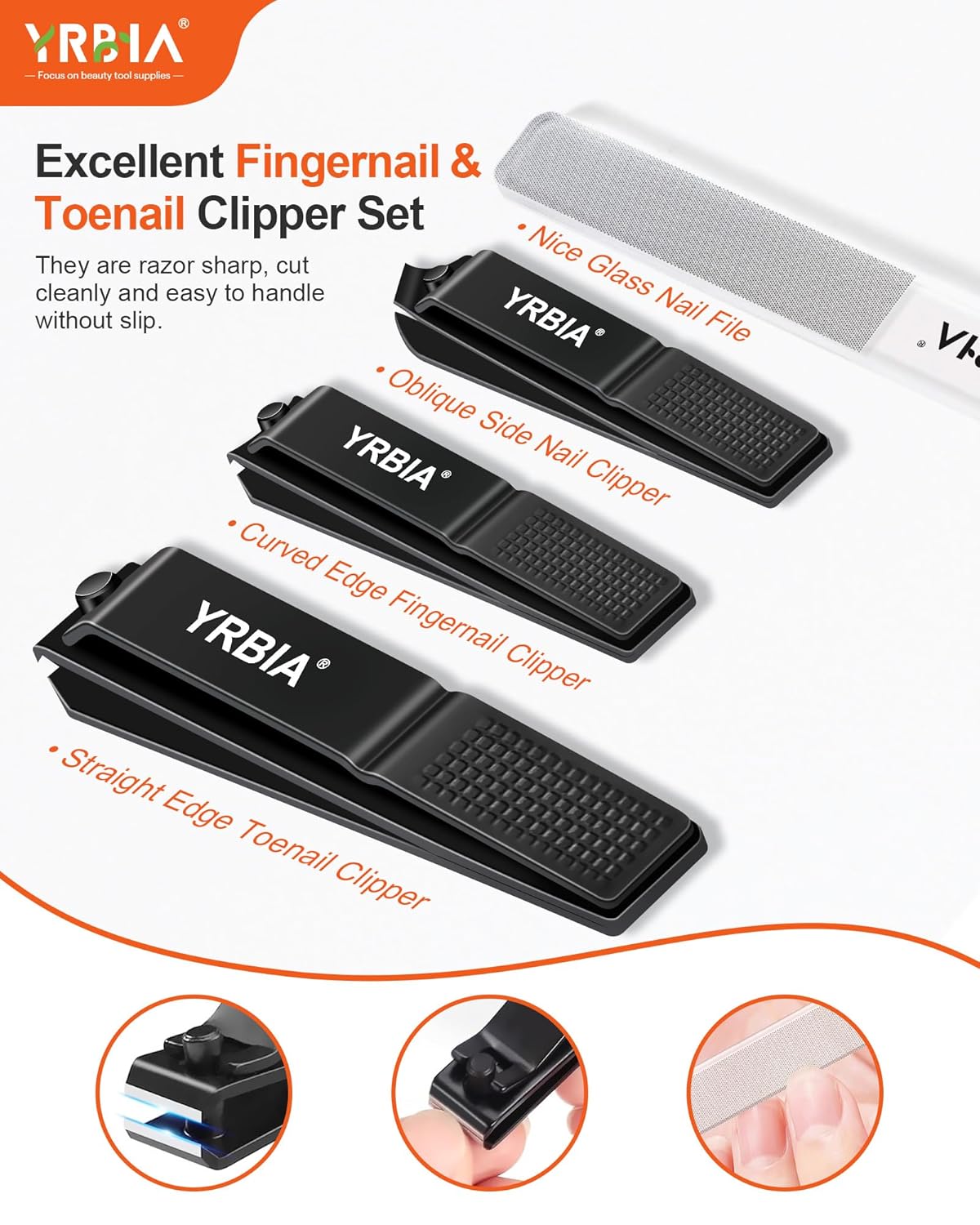 Nail Clippers with Glass Nail File, YRBIA 4 Piece Ultra Sharp Nail Clipper Set, Professional Fingernail & Toenail Clippers Nail Cutter for Men and Women (Black)