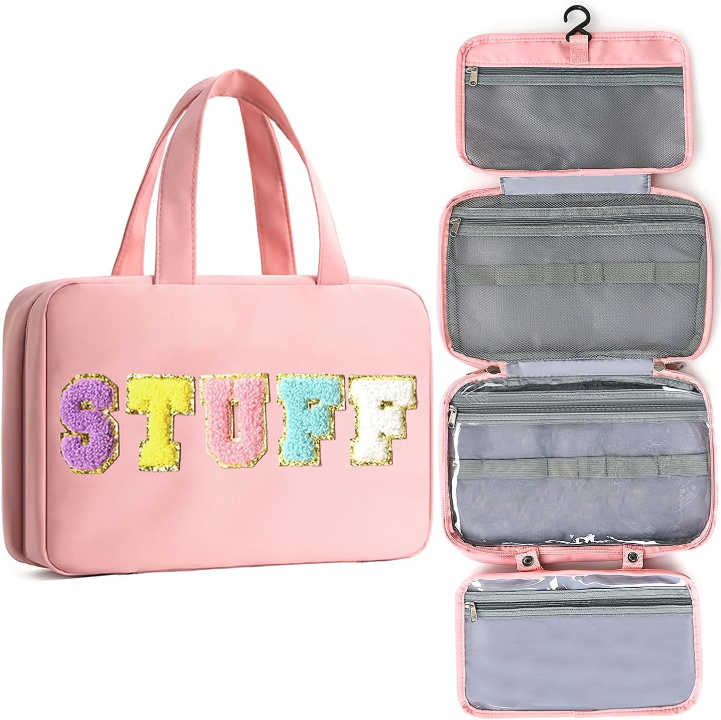 Toiletry Bag for Women Chenille Letter Makeup Bag Water-resistant Cosmetic Bag Travel Bag with Hanging Hook Preppy for Store Toiletries Cosmetic Accessories Large Capacity Light Pink