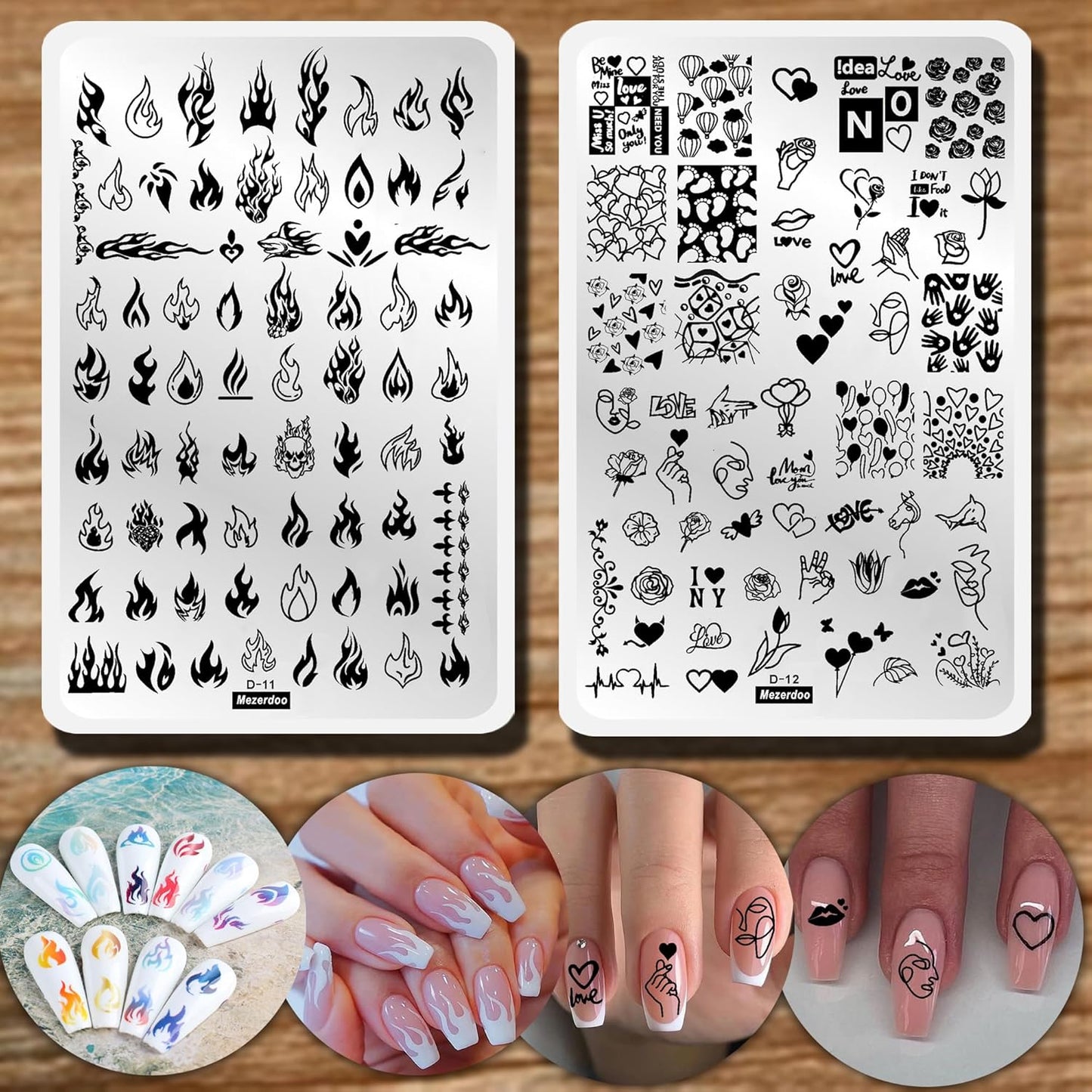 2pcs Large Size Nail Art Image Stamp Stamping Plates Fire Heart Pattern Valentine's Day Nail Stamping Plate Love DIY Nail Stamper Plates Stencil Palm Footprint Manicure Template Tools