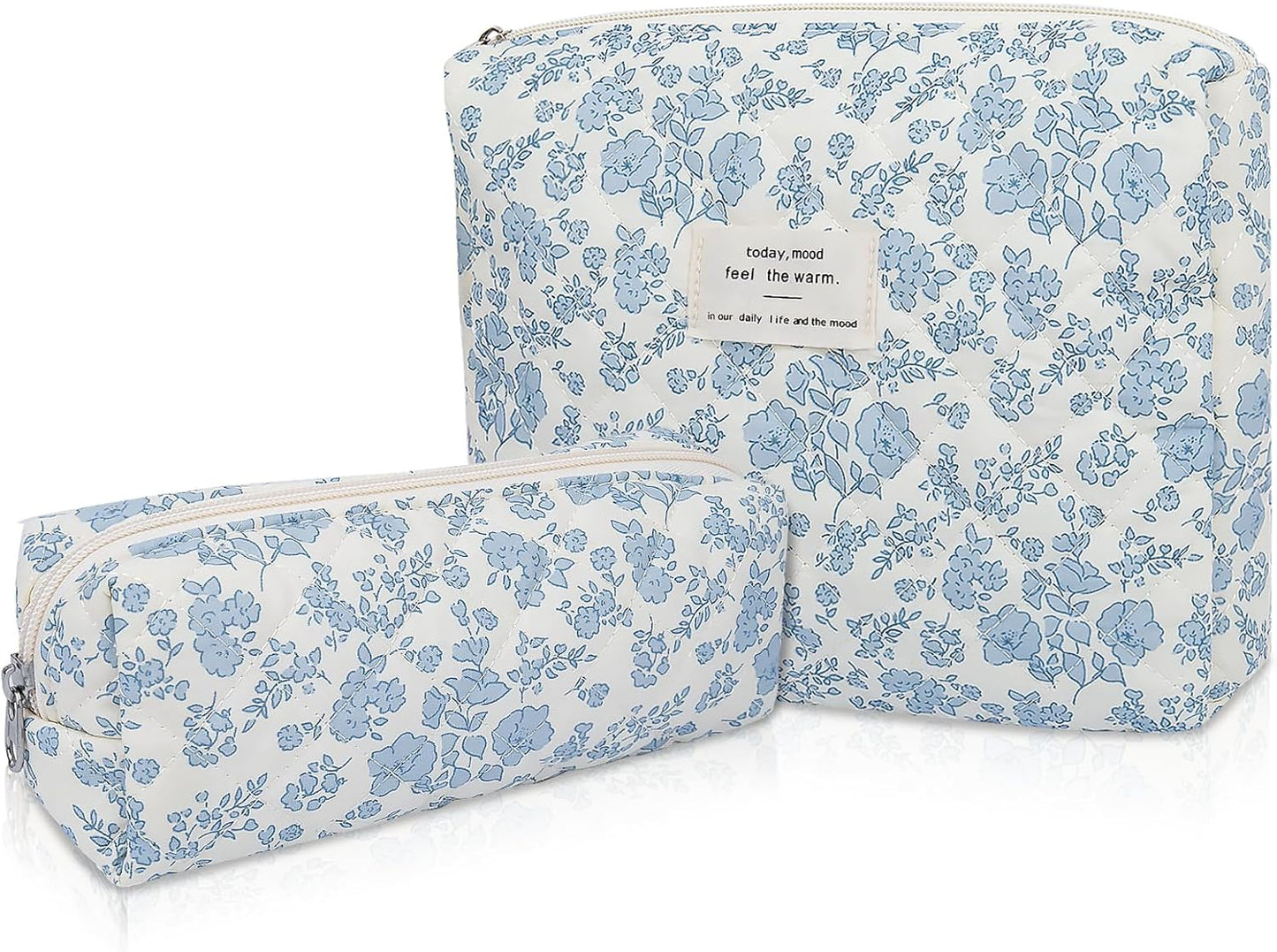 2PC Makeup Bag Set, Cute Cosmetic Bag for Women Girls, Floral Coquette Aesthetic Toiletry Bag, Travel Make Up Organizer Bag (Blue Floral)