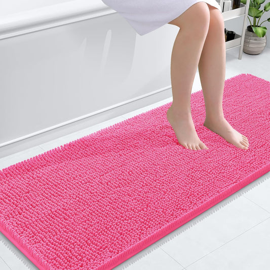 OLANLY Bathroom Rugs 59x24, Extra Soft Absorbent Chenille Bath Rugs, Rubber Backing Quick Dry, Machine Washable Bath Mats for Bathroom Floor, Tub and Shower, Home Decor Accessories, Hot Pink