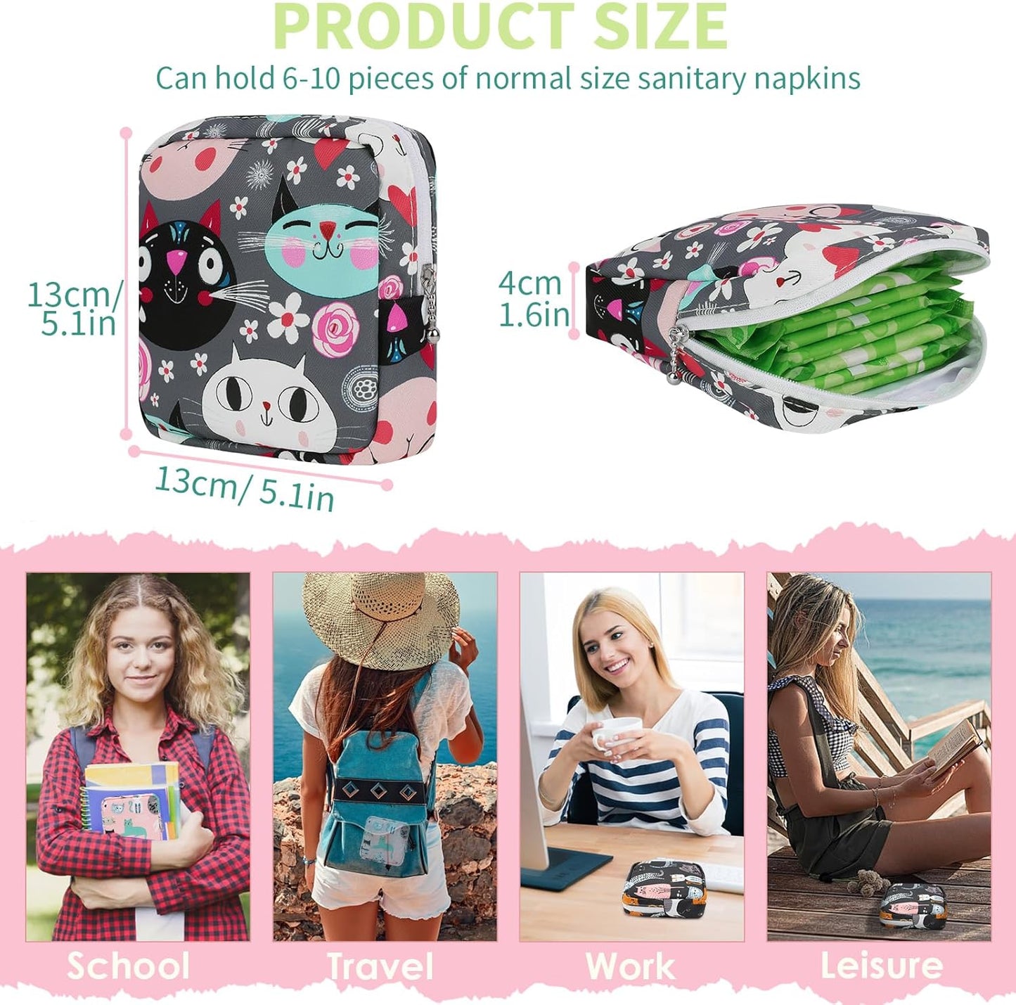 Desing Wish Sanitary Pad Storage Bag Portable Period Bag for Teen Pads/Sanitary Napkins/Small Tampons, Sanitary Napkin Storage Bag First Period Gifts for Teen Girls (Bowknot Star Cats)