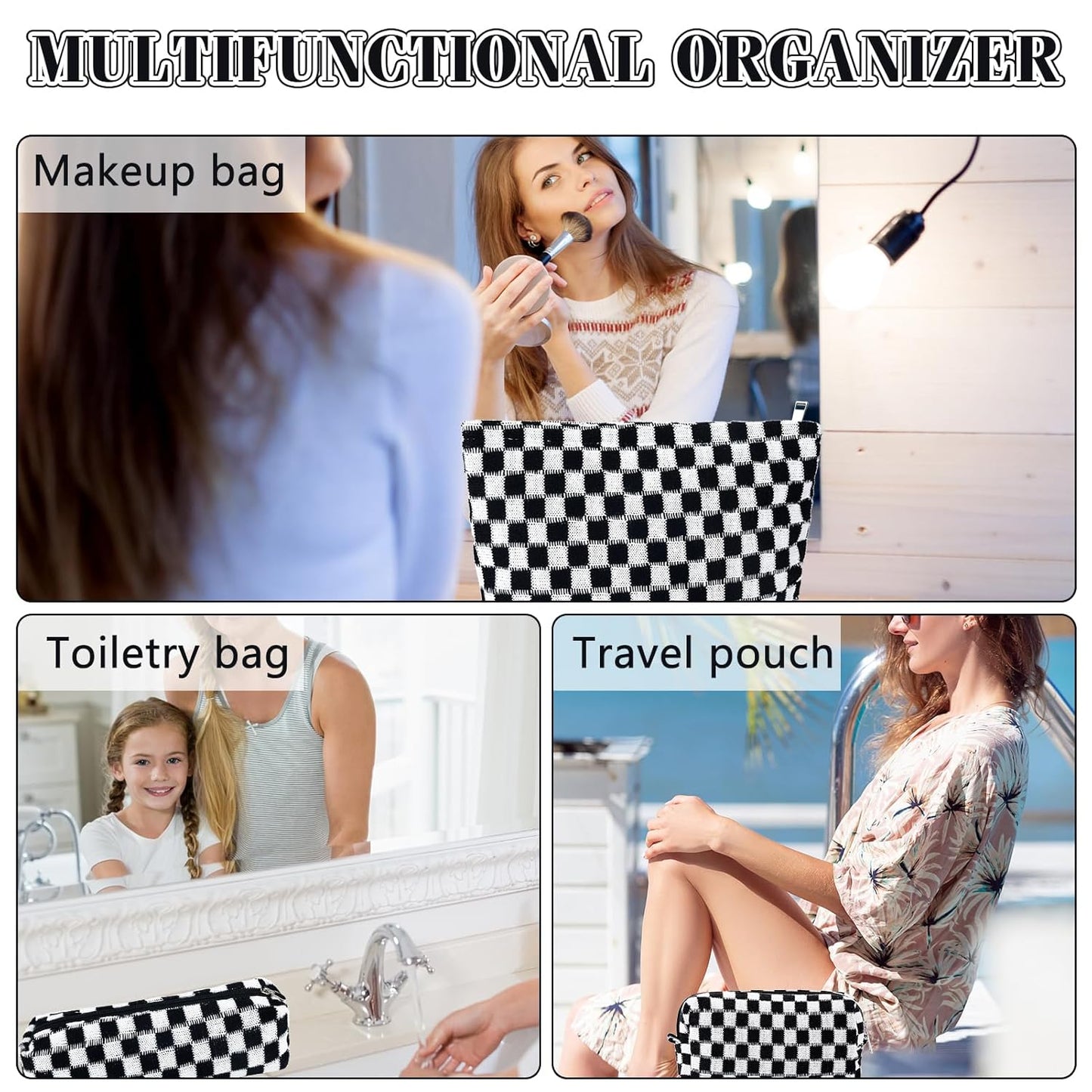 ZLFSRQ 3Pcs Checkered Makeup Bag for Women Large Small Checkered Cosmetic Bag Set Aesthetic Preppy Pencil Case Cute Pencil Pouch Black Makeup Pouch for Purse Travel Toiletry Bags Zipper Skincare Bags