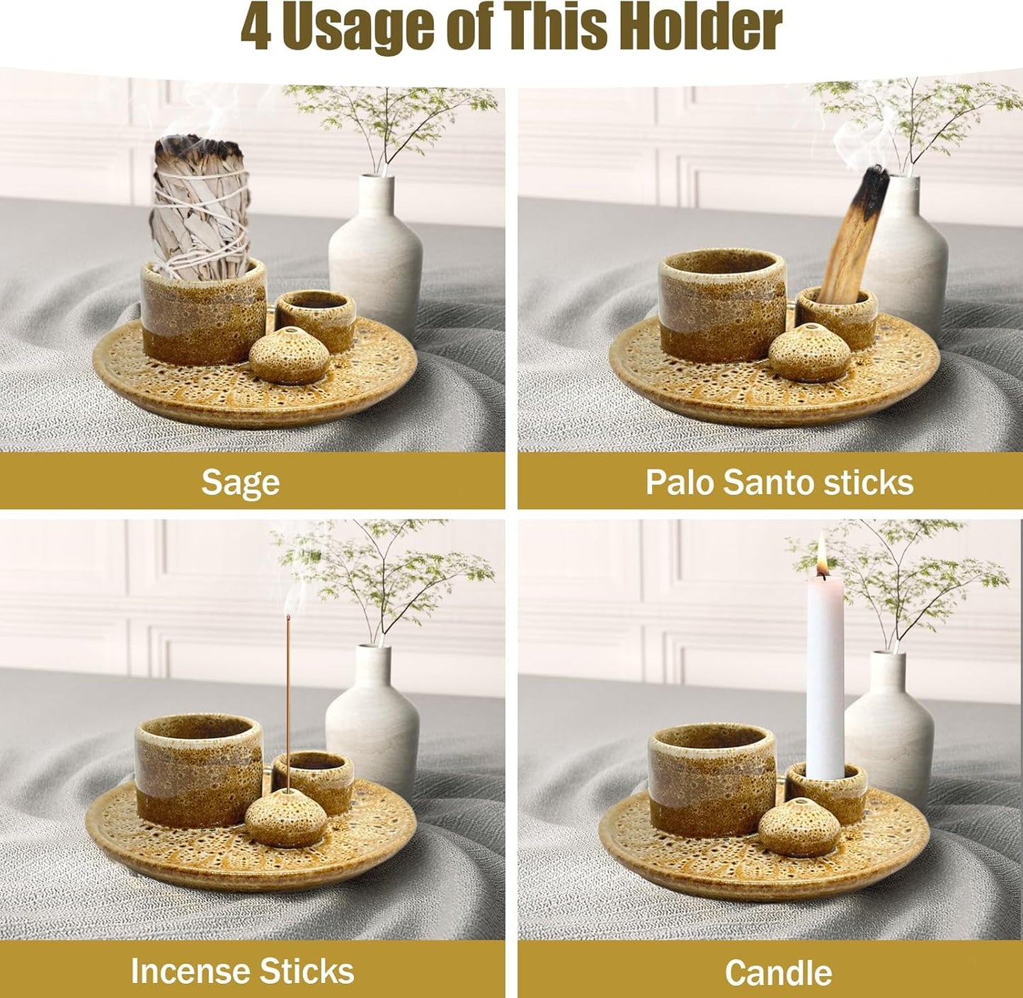 Palo Santo Holder - 4 in 1 Incense & Candle Holder - Ceramic Incense Holder Ash Catcher Tray for Meditation Room - Easy to Clean (Brown White)