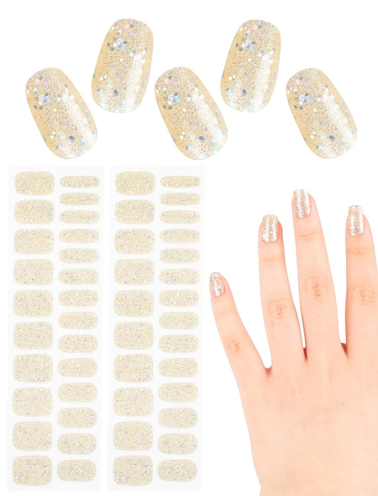 UV-Free Self-Adhesive Nail Art Design Stickers with Nail Files, 48 Pcs Stick on Semi Cured Gel Nail Polish Strips Wraps for Women (Gold)(Gold)