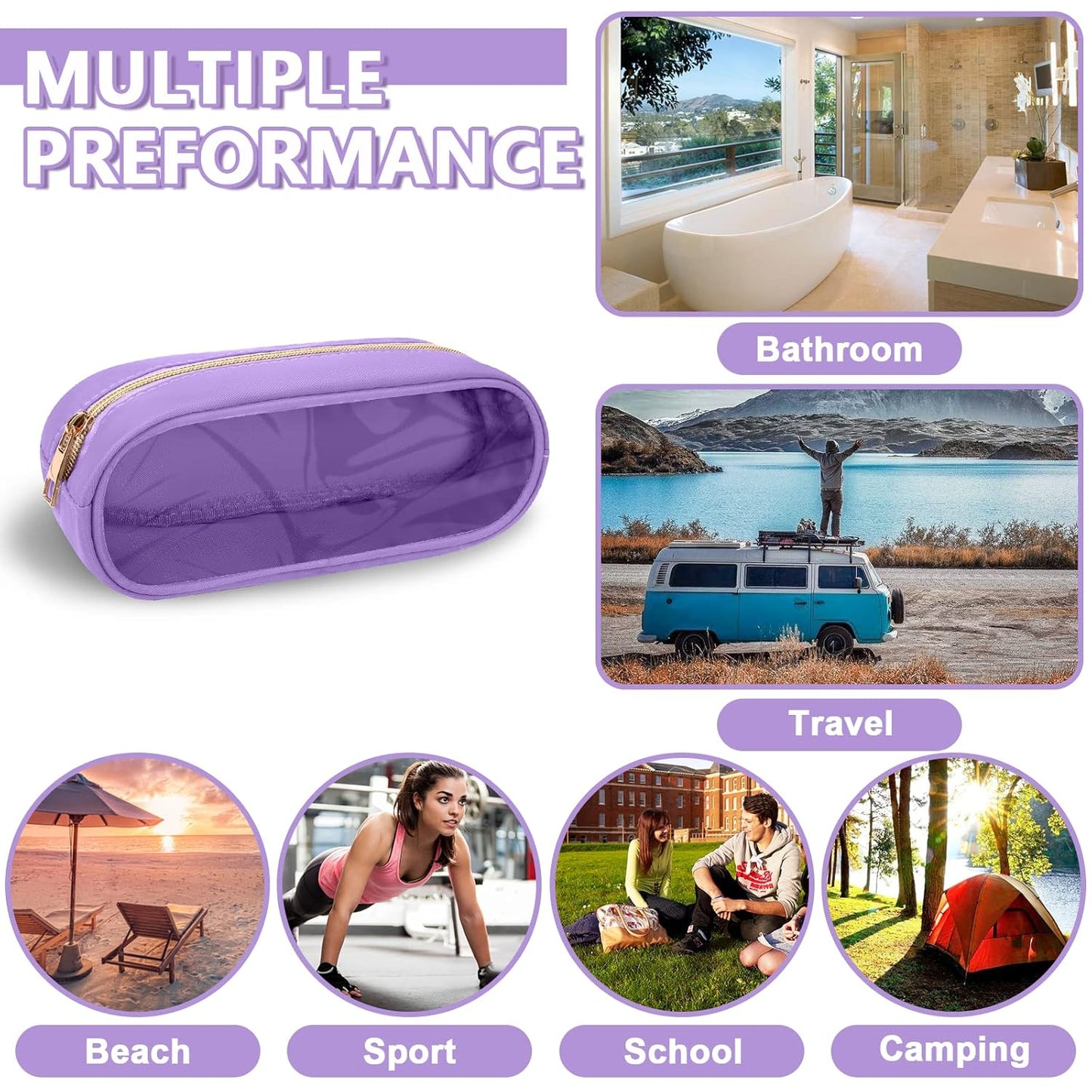 Clear Small Pencil Pouch Makeup Bag for Purse,Nylon&PVC Pencil Case Waterproof Makeup Brush Holder with Zipper,Preppy Transparent Pen Bag Travel Cosmetic Bag for Women Men Office(Slim-Purple)