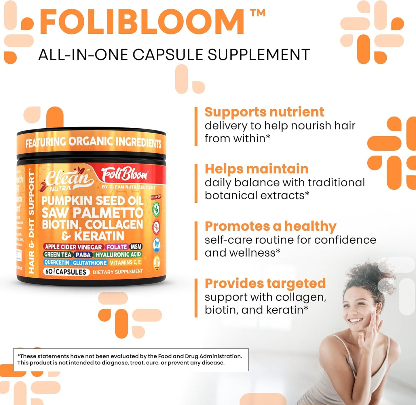 Clean Nutra Pumpkin Seed Oil Saw Palmetto Biotin Collagen Keratin MSM Folate Hyaluronic Acid Supplements B12 Zinc Hair Supplement for Women Men Iodine 5-MTHF B-12 Vitamin B9-60 Vegan Capsules Count