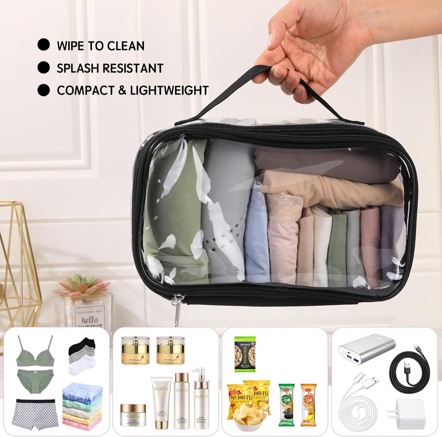 Large Clear travel bags for toiletries pouches carry on reusable,purse see-through plastic pvc TSA airport approved with handle (Black)