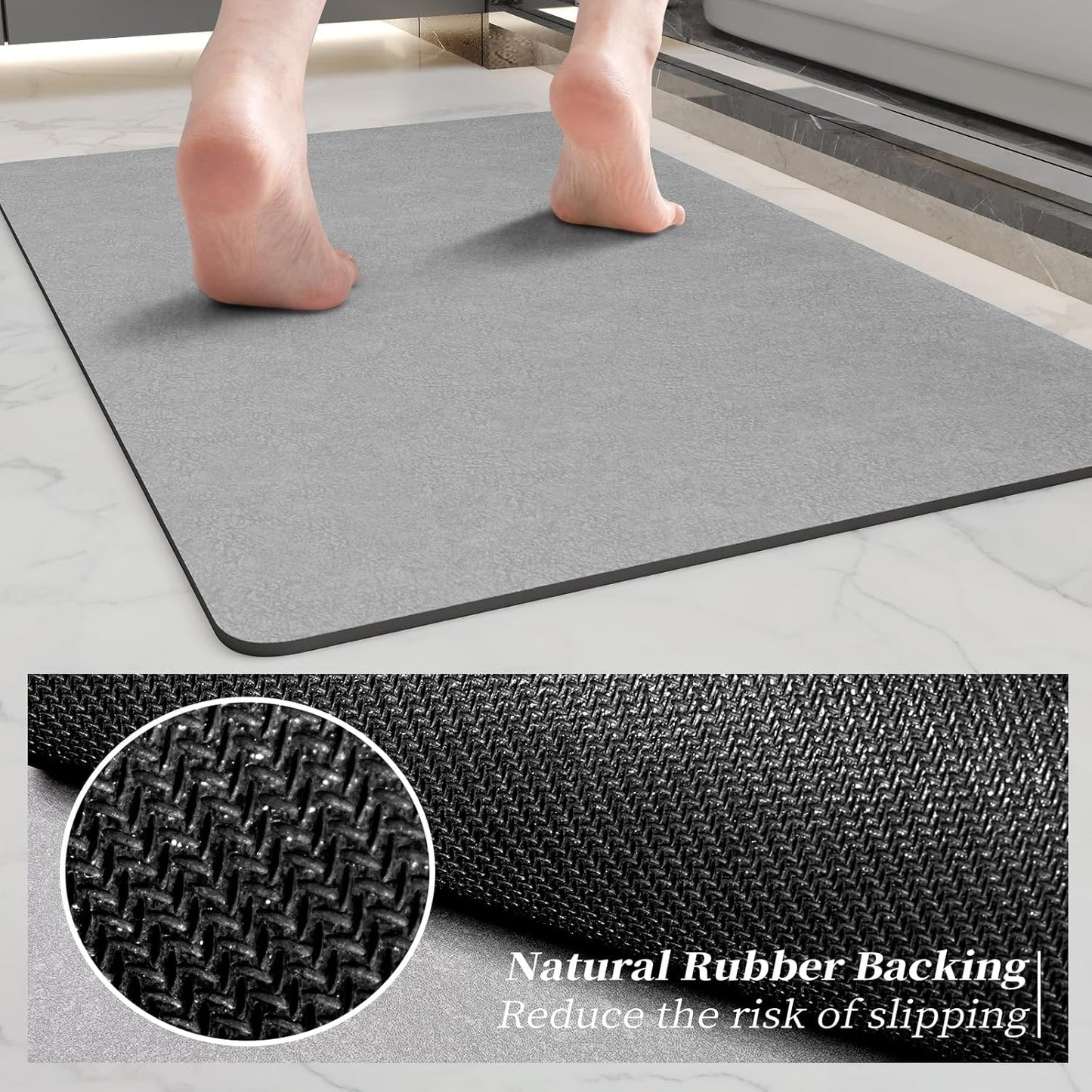 Grey Long Bathroom Mat Rugs 59x17 Diatomaceous Earth Bath Mat Large Quick Dry Bath Mat Non Slip Rubber Backed Super Absorbent Shower Mat, Thin Bath Runner Rugs Floor Mat Fit Under Door,Shower,Sink